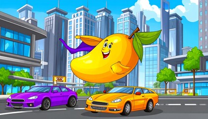 A cartoon mango superhero flies over a city street, flanked by cars