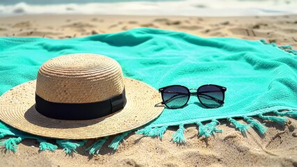 Beach towel with hat and sunglasses