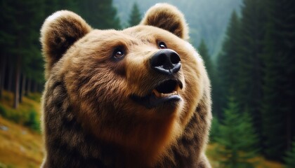 Close-up of a bear, possibly a brown bear, looking up.