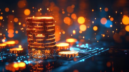Stacked cryptocurrency coins on a digital circuit board under glowing orange and blue lights, illustrating secure data transactions, electronic currency, and high-tech financial technology systems