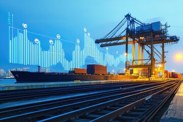 Container ship at port, financial data overlay