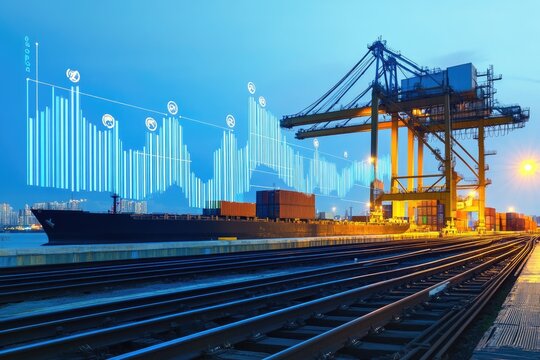 Container ship at port, financial data overlay