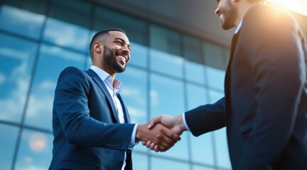 Professional handshake between two men in a modern business setting.