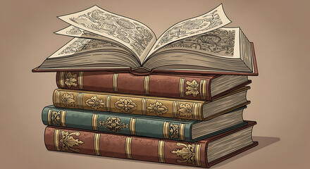 Obraz premium A vintage stack of classic books with ornate details for a literary theme illustration