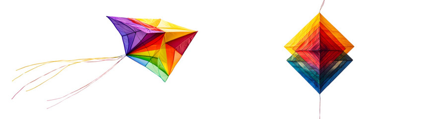 Colorful diamond-shaped kite flying with a string attached. Vibrant rainbow hues create an eye-catching outdoor activity scene isolated