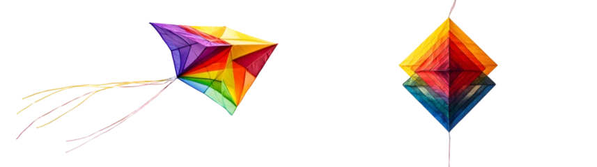 Fotobehang Regenboog Colorful diamond-shaped kite flying with a string attached. Vibrant rainbow hues create an eye-catching outdoor activity scene isolated  © Sami