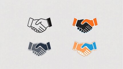 A collection of handshake illustrations in different styles and color schemes on a white background