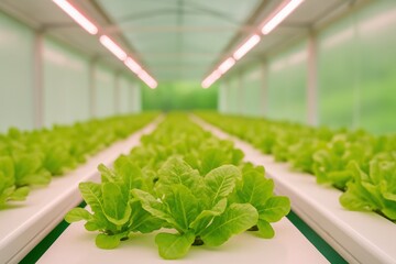 Greenhouse gas control. Lush green lettuce growing in a modern indoor hydroponic farm.