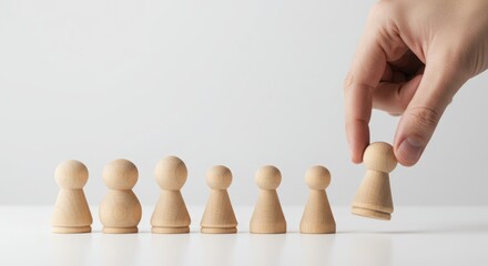 Minimalist hand placing wooden pawn on white surface. Strategy and decision-making concept with simple figures.