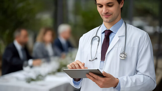 Healthcare innovation doctor using tablet at conference medical networking event indoor setting professional atmosphere