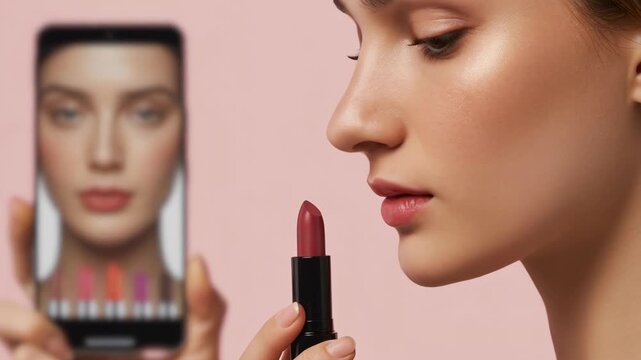 Young woman exploring ar lipstick shopping on smartphone with makeup and beauty cosmetic options for virtual shopping experience