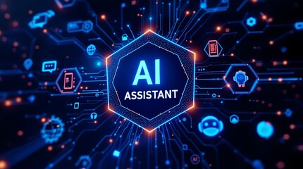 A digital ai assistant interface with glowing blue hexagon and circuit board design elements around it