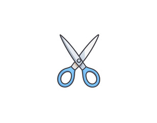 Fototapeta premium Stylized cartoon scissors with light blue handles and sharp metal blades open and ready to cut.