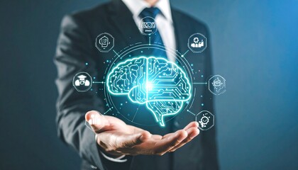 Businessperson presenting digital brain with innovation icons.