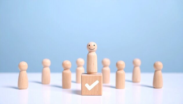 Smiling wooden figure elevated on checkmark block above group.