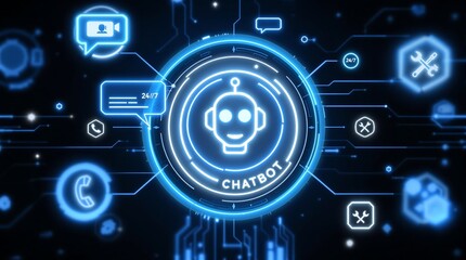 Glowing chatbot interface with various icons representing support and communication methods around it