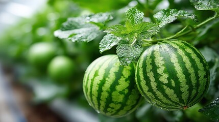 Close Up of Baby Watermelons Growing with Mint