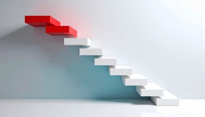 Floating white staircase ascending into red accent wall.