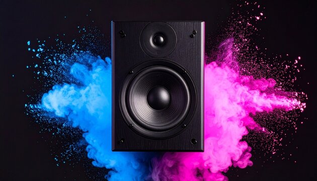 Black speaker bursting with pink, purple, and blue powder.