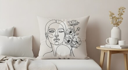 Minimalist Line Art Woman and Floral Pillowcase in Light Beige