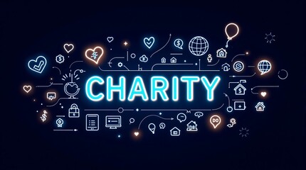 Neon charity text surrounded by line art icons on a dark blue background with hearts and houses