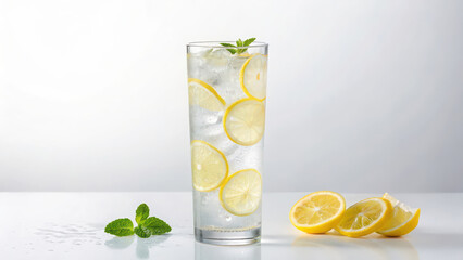 Refreshing lemon water drink recipe with mint for summer healthy hydration and detox beverage concept
