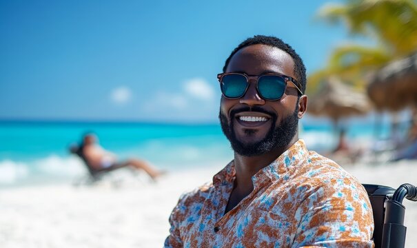 Happy disabled Black African American man in a wheelchair smiling on vacation at the beach, showcasing inclusivity and diversity during leisure activities and promoting the importance, Generative AI