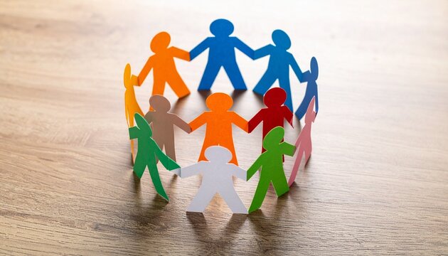 Multicolored paper cutout figures holding hands in a circle on wooden surface