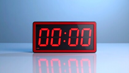 Digital clock at “00:00” on blue background with reflection, symbolizing reset or new beginning