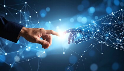 Human hand reaching toward digital hand with glowing connection, symbolizing tech-human integration