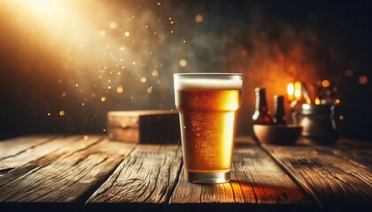 Cold beer glass on wooden table with brown blurred background in vintage style.