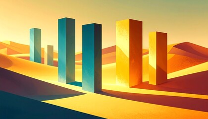 Desert landscape with colorful, tall rectangular structures casting shadows at sunset