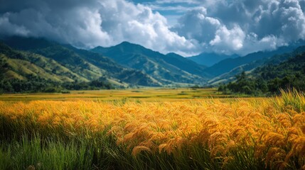 Obraz premium Golden Rice Field Landscape with Mountains and Clouds