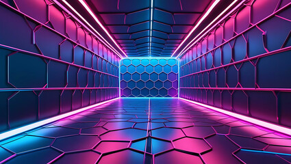 Vibrant Futuristic Neon Tunnel with Hexagonal Pattern and Reflective Floor