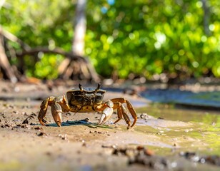 A crab on a sandy shore