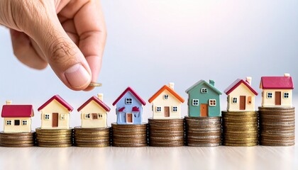 Real estate investment concept with houses on coin stacks.