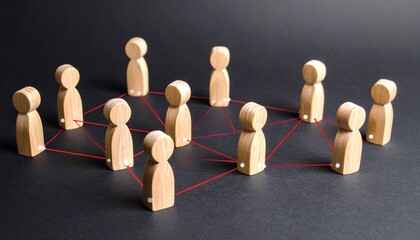 Wooden figurines connected by red strings in circular network formation