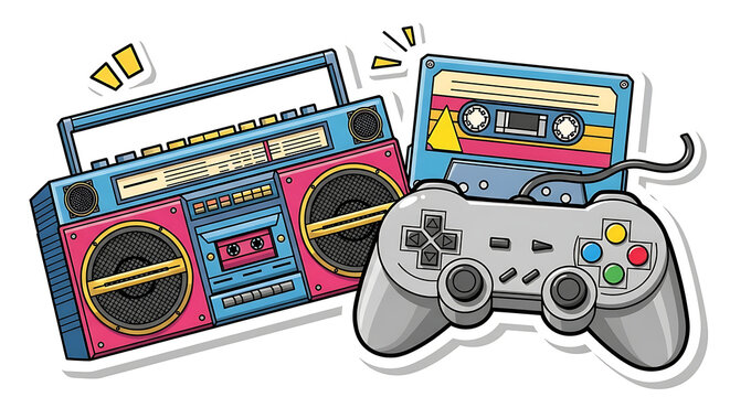 Retro gaming and music nostalgia: boombox, cassette tape and controller illustration