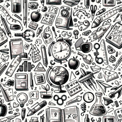 seamless pattern with hand drawn icons stationery and education