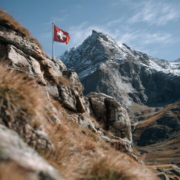 Schweizer Flagge vor majest&auml;tischer Alpenkulisse in herbstlicher Berglandschaft
