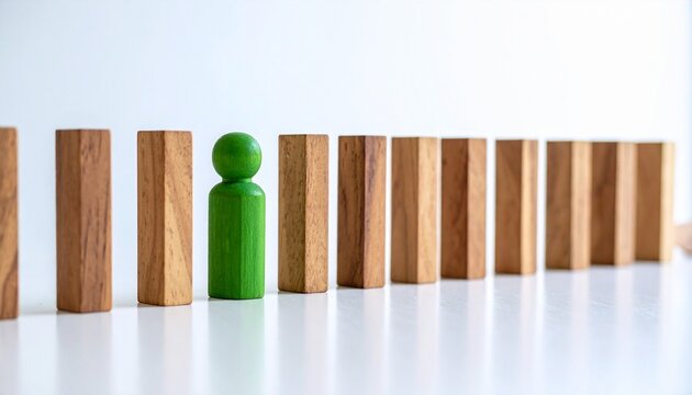 Green wooden figure stands out among plain blocks on white surface