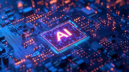 Fototapeta premium Advanced artificial intelligence processor glowing in vibrant colors on a high-tech motherboard, symbolizing smart computing, neural processing, digital future, and technology-powered innovation