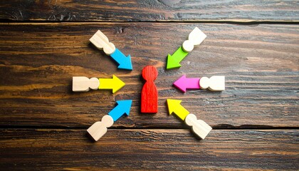 Multicolored wooden figures with arrows pointing toward central red figure on wood surface, symbolizing influence and collective focus