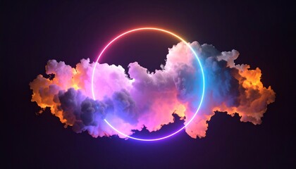 Fototapeta premium Surreal neon circle intersecting vibrant clouds in purple, pink, and orange hues, evoking cosmic energy and dreamlike contrast