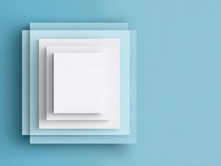 Minimalist abstract composition with layered translucent and solid square panels in white and soft blue tones arranged centrally on a clean background