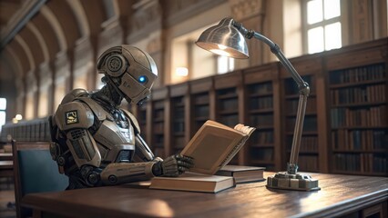 Robot reading book in library ai artificial intelligence learning machine learning automation future tech