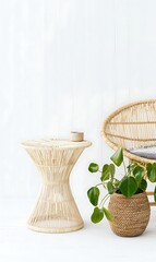 Fototapeta premium Wicker furniture with monstera plant indoors