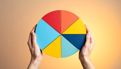 hands holding six-color pie chart on orange gradient