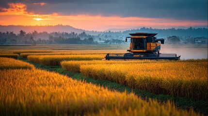 Fototapeta premium Combine Harvester in Rice Field at Sunset