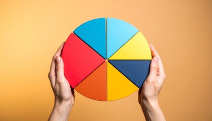 hands holding multi-color pie chart on orange gradient